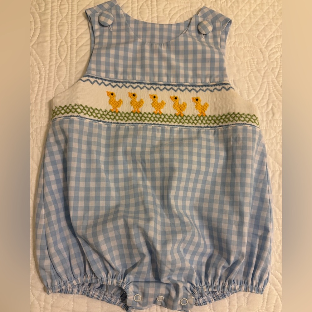Like New Stitchy Fish Smocked Yellow Duckling Blue/ White Gingham Bubble 18m